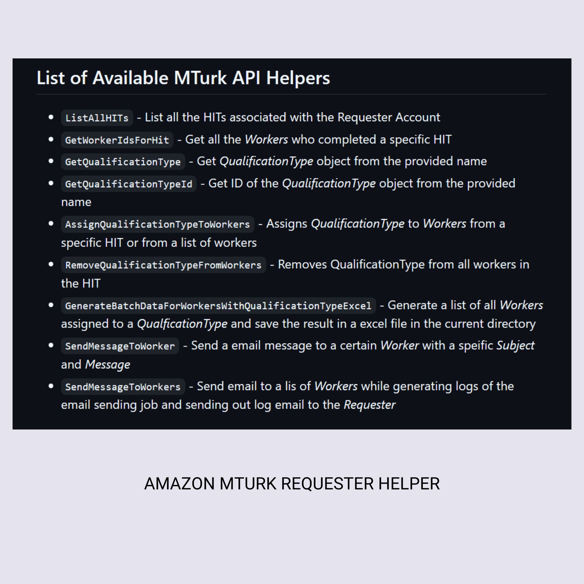 Amazon MTurk Requester API Helpers screenshot